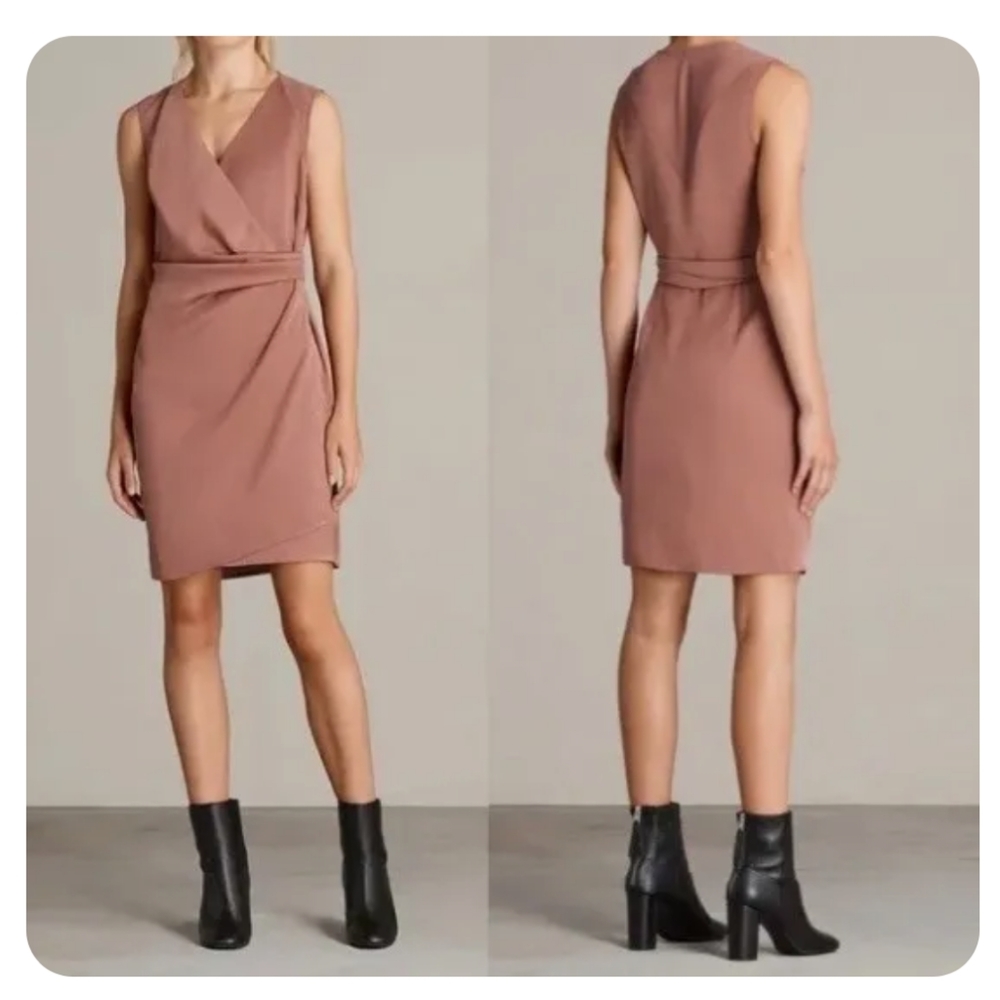 All Saints Anika Wrap Dress V Neck, US Size 4 Ash Pink Dusty Rose
